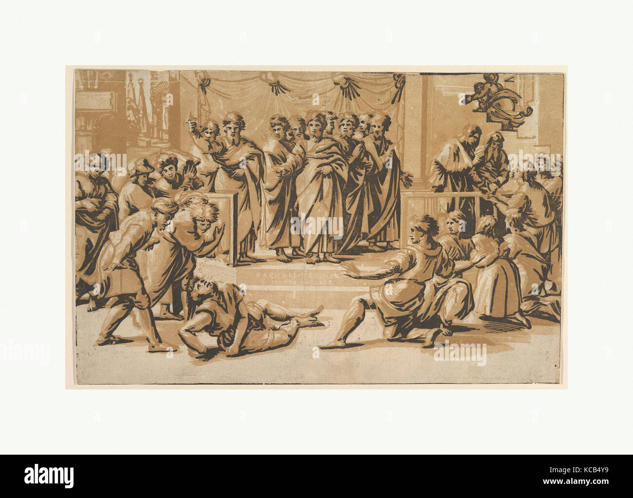 Tod des Ananias, 1518, Chiaroscuro Holzschnitt aus drei Blocks in Braun und Schwarz Tinte gedruckt, Blatt: 9 3/4 x 14 7/8 in. (24.7 Stockfoto