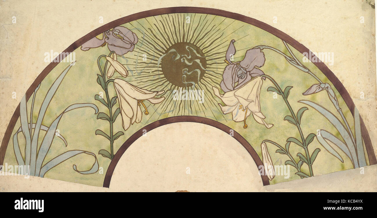 Design für einen Ventilator mit Sunburst, Lilien, und Schwertlilien, Alphonse Mucha, Ende des 19. Jahrhunderts Stockfoto