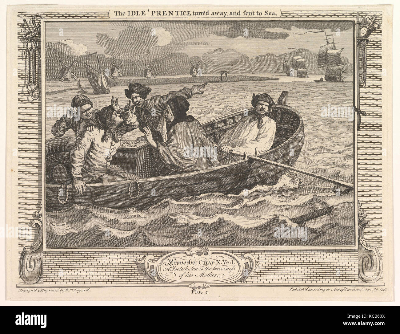 Die im Leerlauf' Lehrling wandte sich ab und an das Meer (Industrie und Müßiggang, Platte 5), William Hogarth, 30. September 1747 Stockfoto