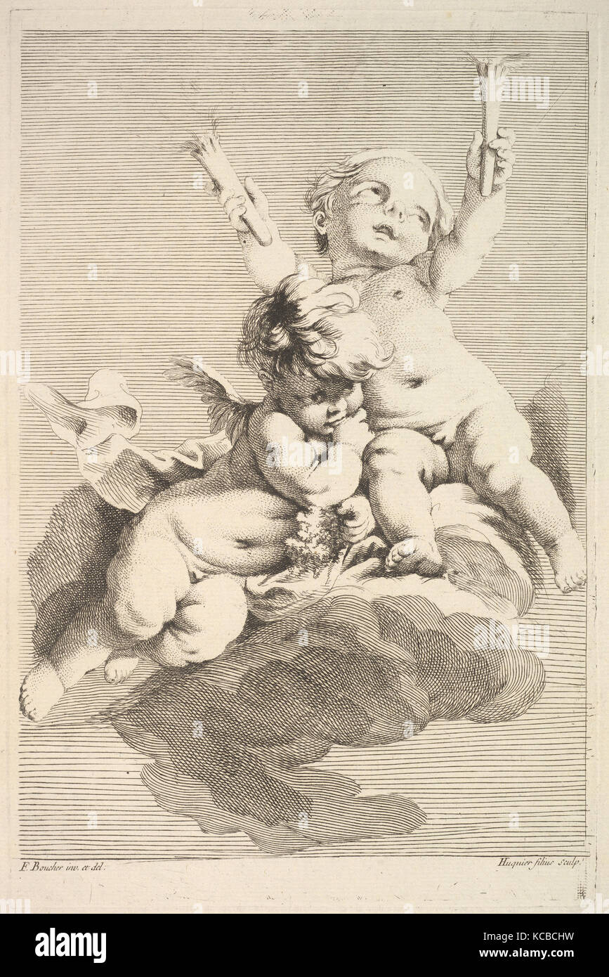 Zwei Amoretten, eine Holding Fackeln, Jacques Gabriel Huquier, Mitte bis Ende 18. Jahrhundert Stockfoto
