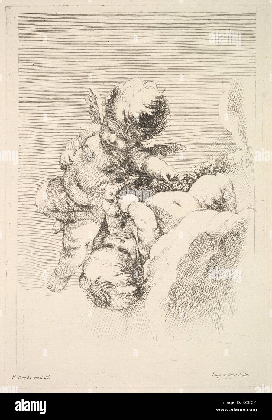 Zwei Amoretten, eine Holding einen Kranz, Jacques Gabriel Huquier, Mitte bis Ende 18. Jahrhundert Stockfoto