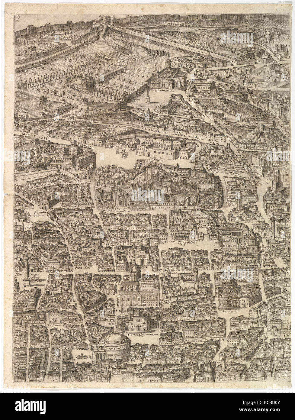 Plan der Stadt Rom. Teil 3 mit der Santa Maria Maggiore, dem Pantheon und der Trajan Spalte, Antonio Tempesta, 1645 Stockfoto