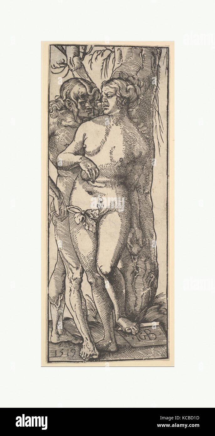 Adam und Eva, 1519, Holzschnitt, Block: 10 1/16 × 3 13/16-in. (25,5 × 9,7 cm), Drucke, Hans Baldung (genannt Hans Baldung Grien Stockfoto