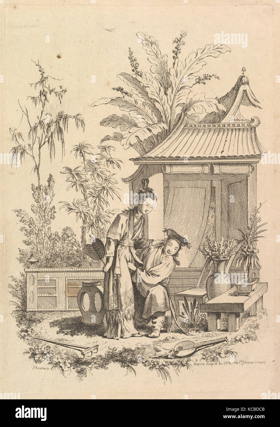 Chinoiserie Szene mit Figuren in einer Landschaft, Gabriel Huquier, 18. Jahrhundert Stockfoto