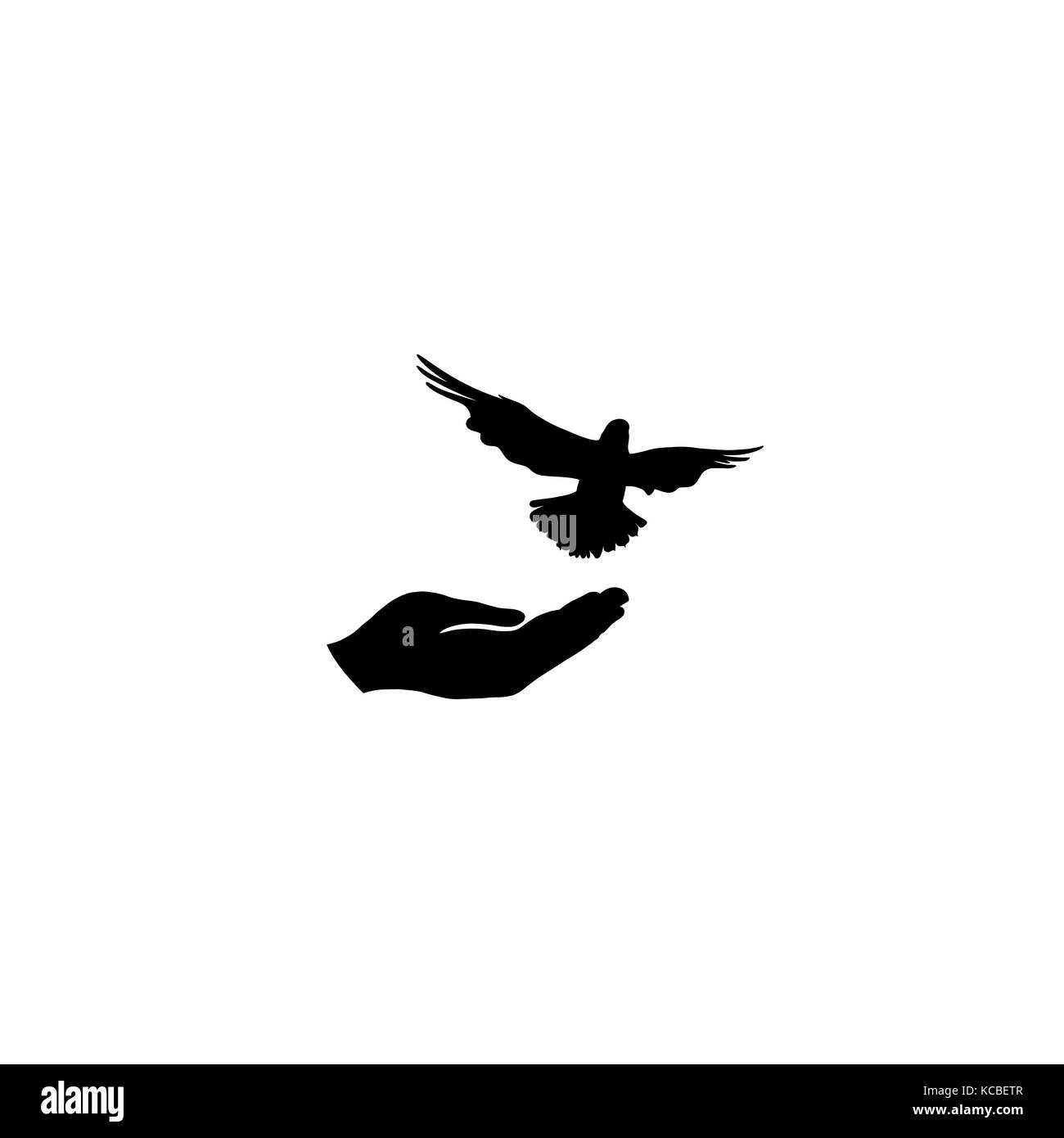Taube Vogel mit Hand frei. Vogel flighing. peace Symbol. Taube und hand Silhouette. Freiheit unterzeichnen. Stock Vektor