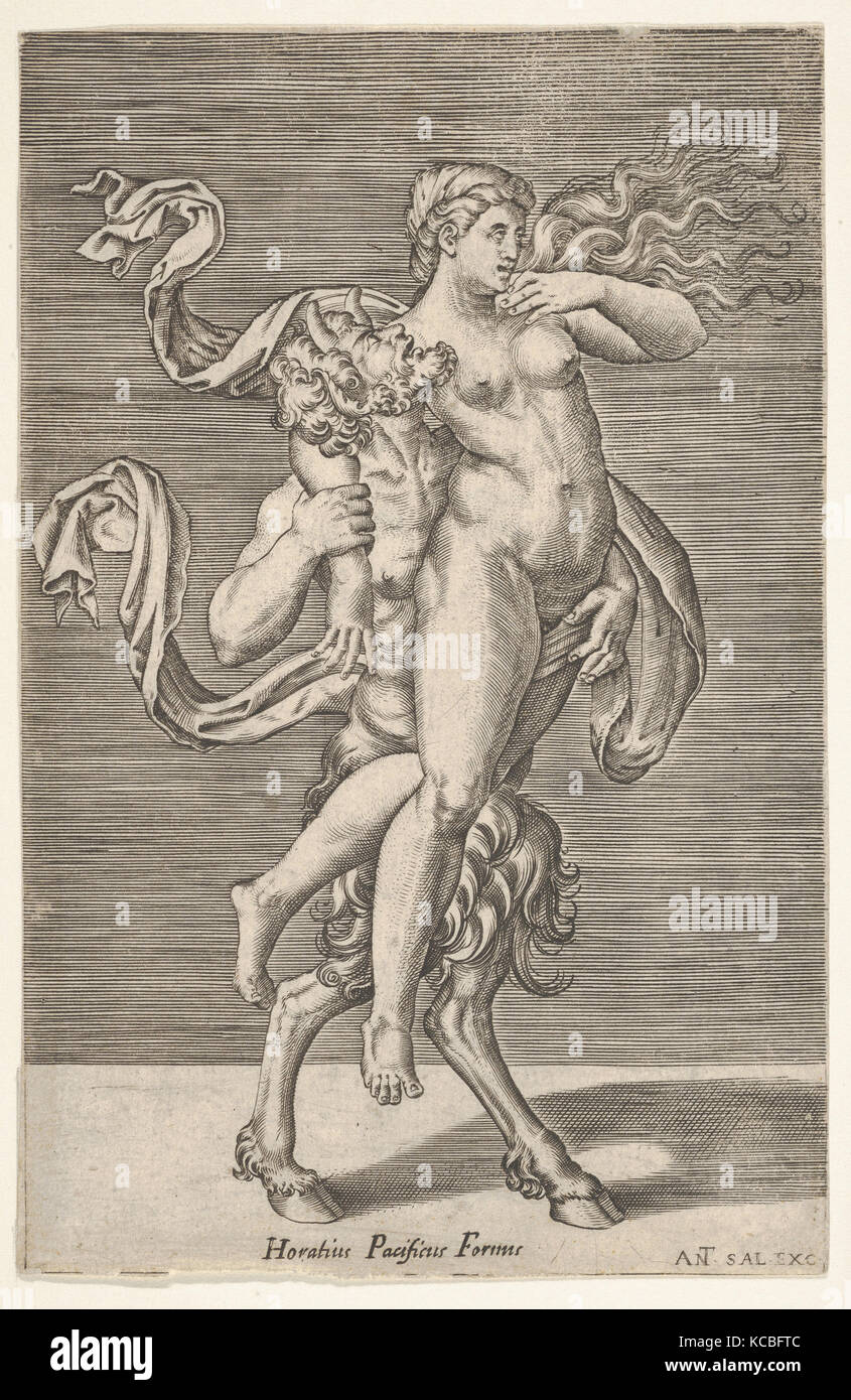 Satyr eine Nymphe, dessen rechter Arm um den Hals des Satyr verpackt ist, mit einer ebenen Hintergrund, nach Giulio Romano Stockfoto
