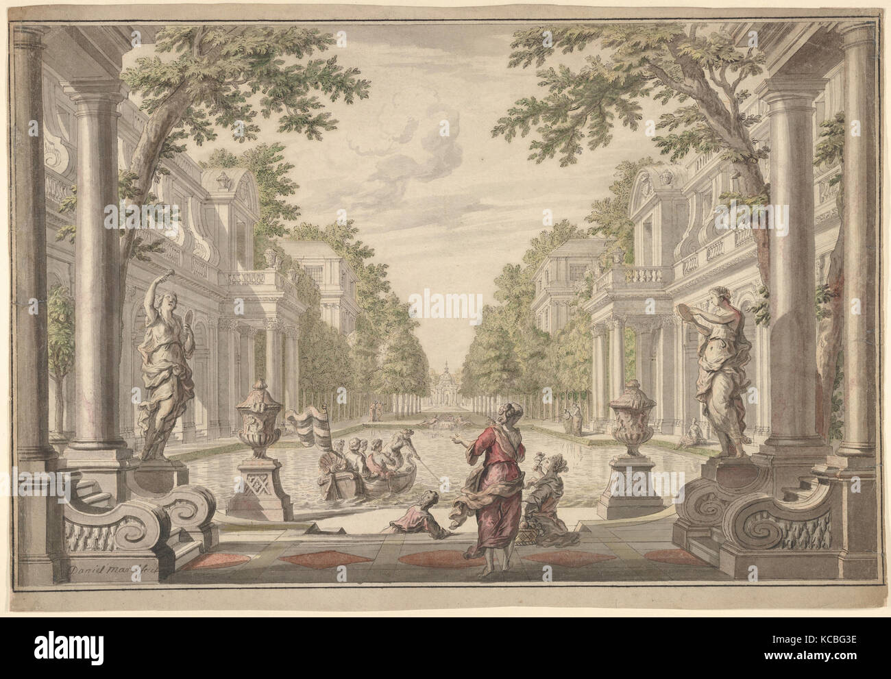 Blick auf einen Garten mit einem zentralen Teich durch die klassische Architektur (Tapisserie oder Stage Design umgeben Stockfoto