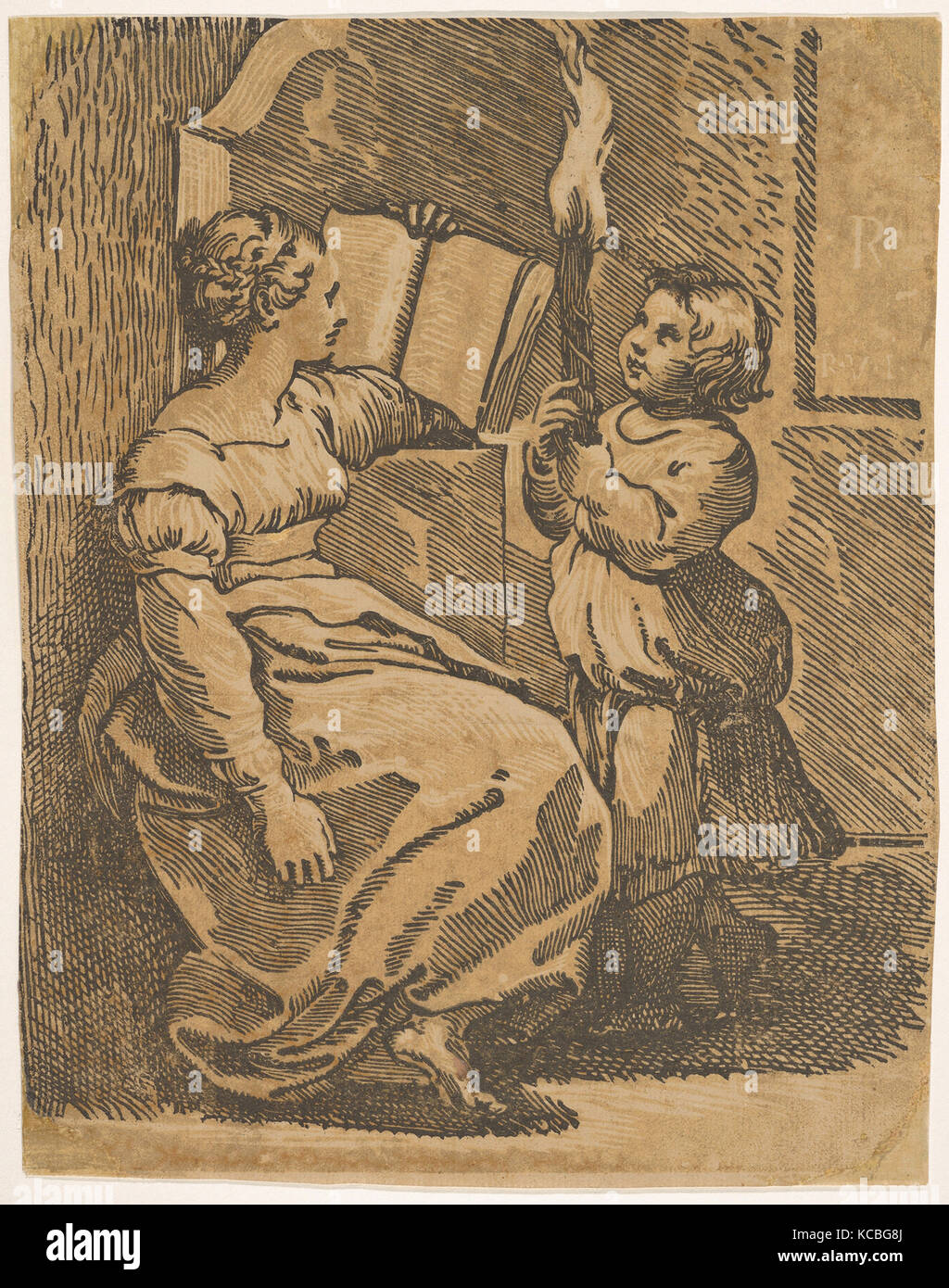 Sybil' (nach Raphael), Chiaroscuro Holzschnitt, Blatt: 11 x 8 11/16 in. (27,9 x 22 cm), Drucke, Ugo da Carpi (Italienisch, Carpi Ca. 1. Stockfoto