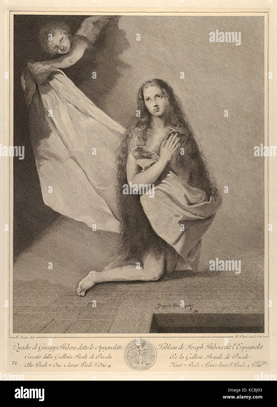 Zeichnungen und Drucke, Ausdrucken, die Magdalena kniend, von "Recueil d'Estampes d'Apres les plus célebres tableaux de la Galerie Stockfoto