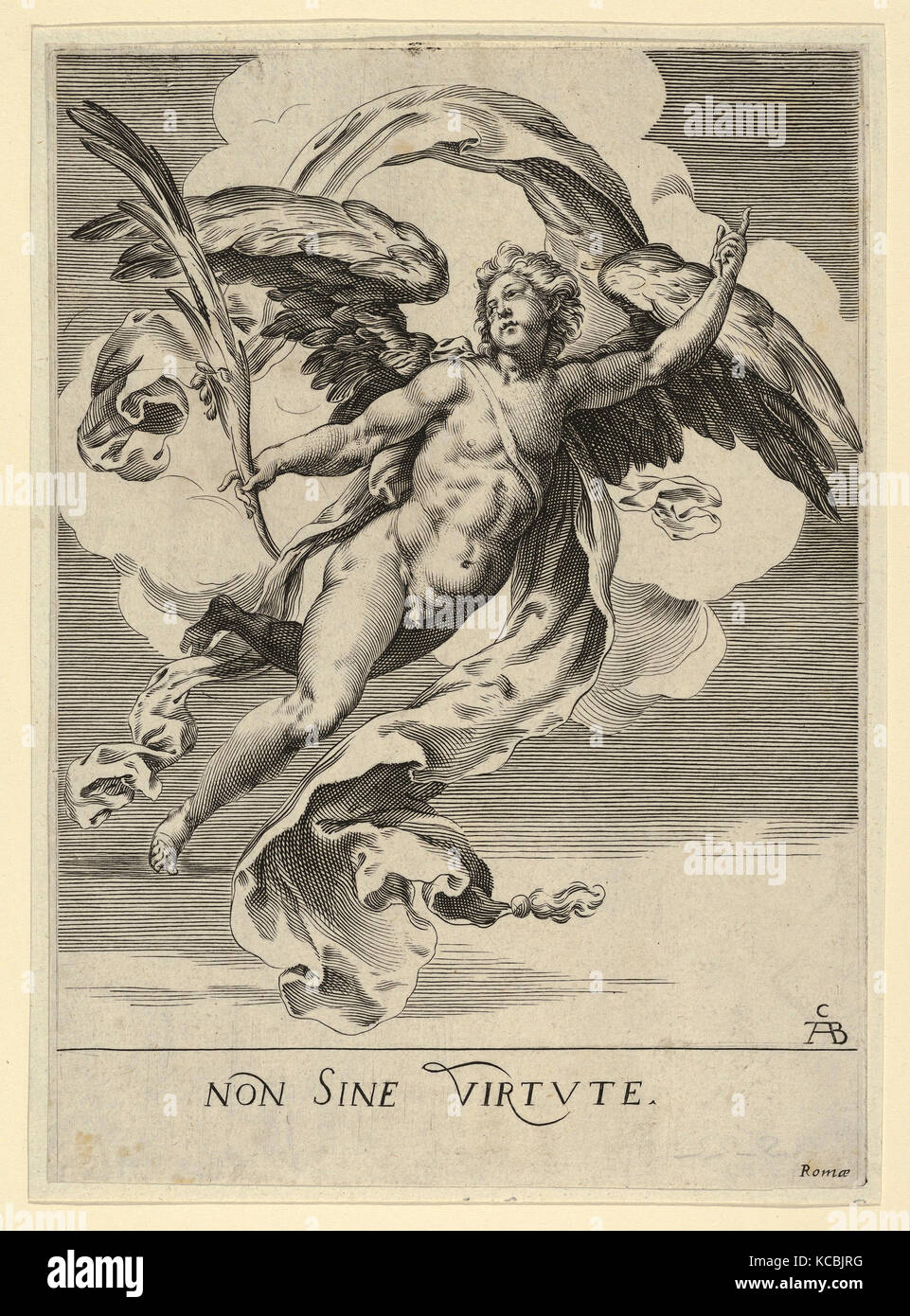 Zeichnungen und Drucke, Drucken, Winged Angel Holding einen Palm in seine rechte Hand und mit Vorhänge hinter ihm Stockfoto
