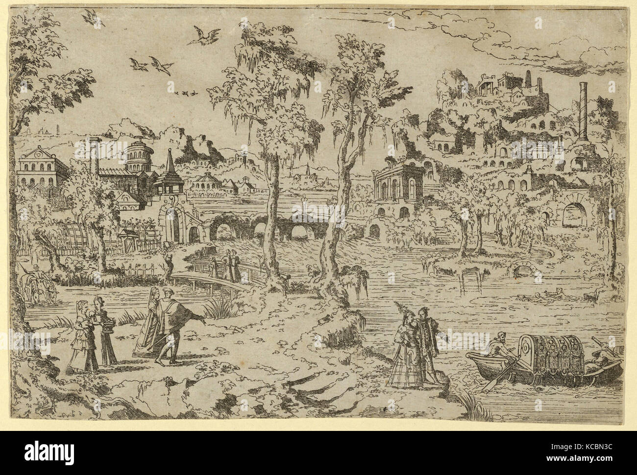 Zeichnungen und Drucke, Drucken, Landschaft mit Ruinen, Höflinge, und eine Gondel, Künstler, Léon Davent, Französisch, aktive 1540 - 56, Davent Stockfoto