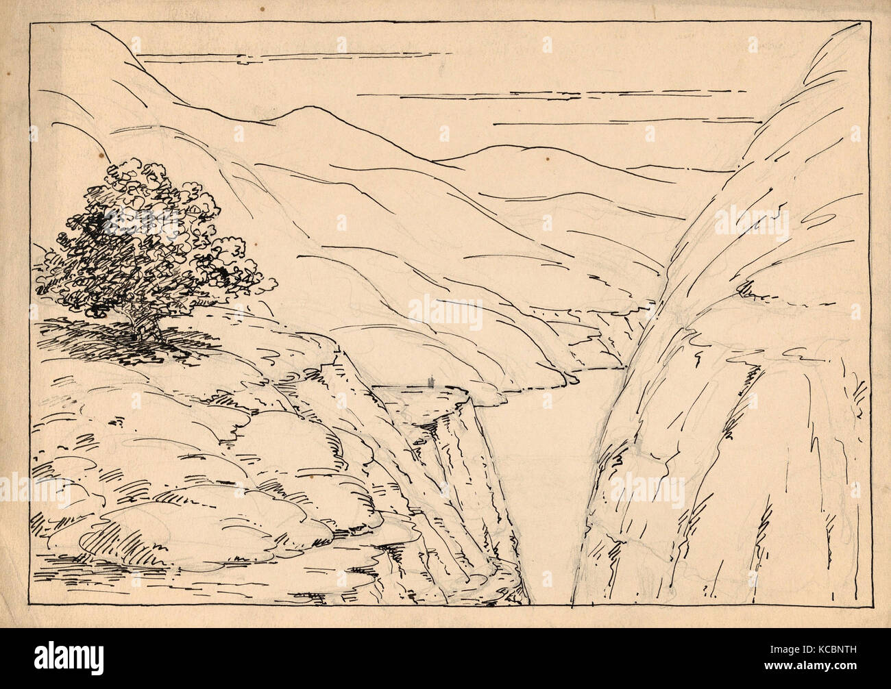 Zeichnungen und Druckgraphik, Zeichnung, ein Fluss, Landschaft mit steilen Klippen, Künstler, Herbert E. Crowley, Britischen, London 1873 - 1939 Zürich Stockfoto