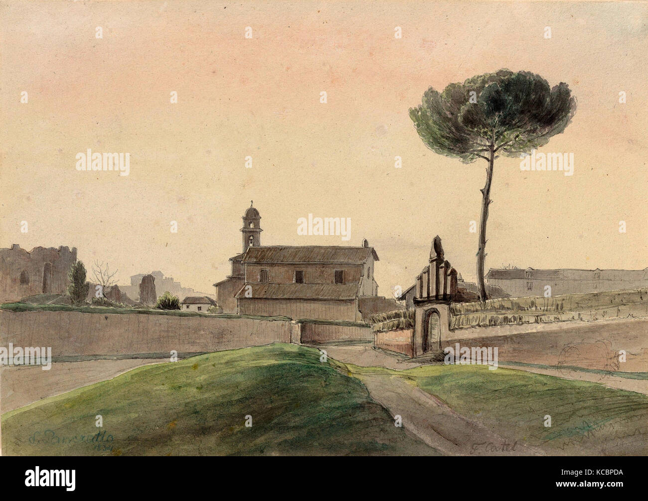 Zeichnungen und Druckgraphik, Zeichnung, Blick auf die Kirche von San Pancrazio, Rom, aus dem Süden, Künstler, Franz Ludwig Catel, Deutsch Stockfoto