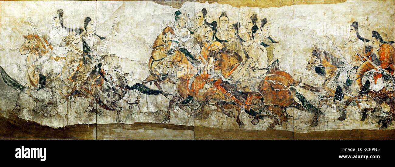 Nördlichen Qi Dynastie. Die Prozession Wandmalerei aus dem Grab in Lourui Wangguo Dorf, Stadt Taiyuan, Provinz Shanxi, China Stockfoto