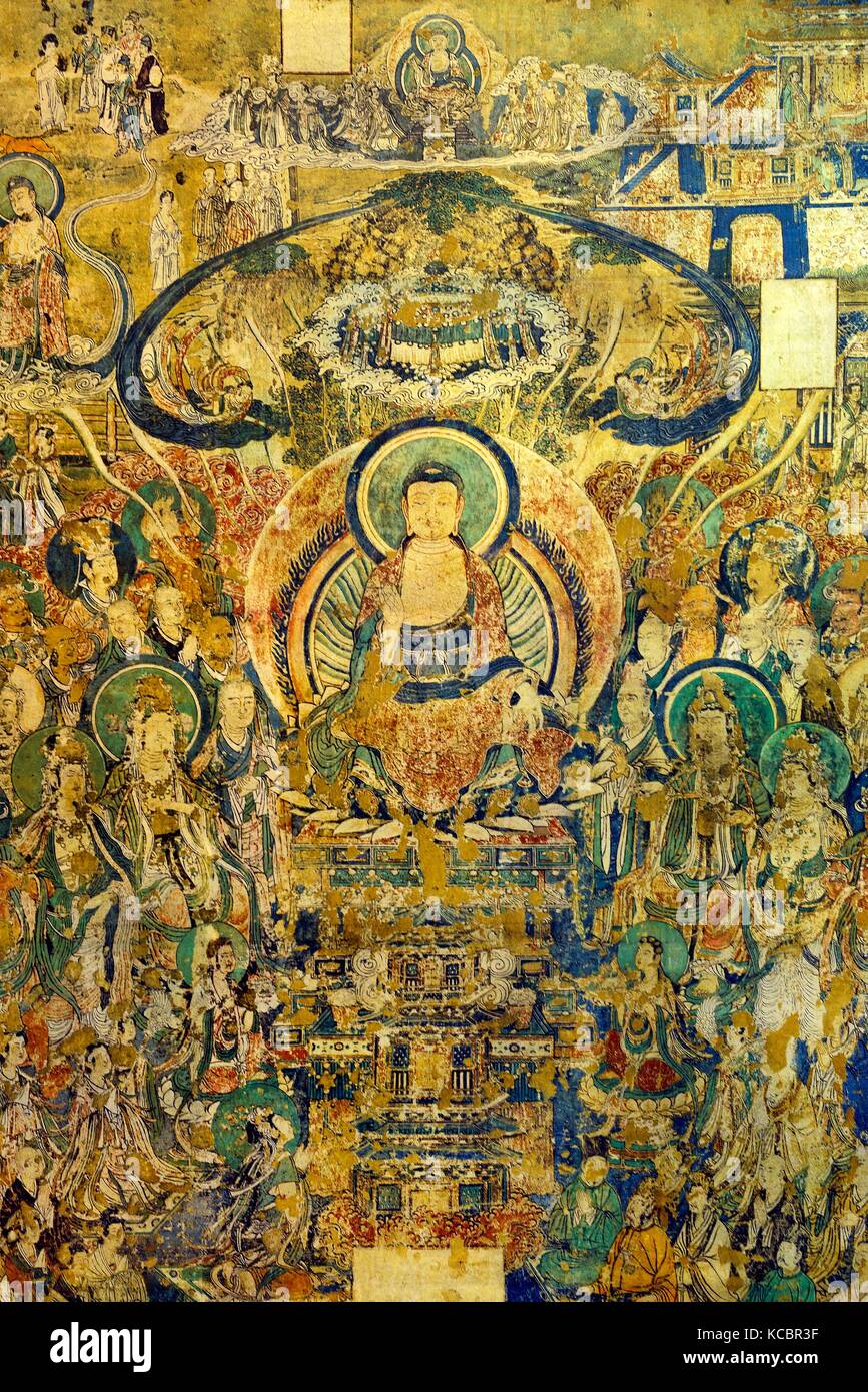 Song Dynastie. Detail von den Geschichten von Buddha antike Wandmalerei aus dem Mahavira Halle des Kaihua Tempel. Gaoping County, Shanxi, China Stockfoto