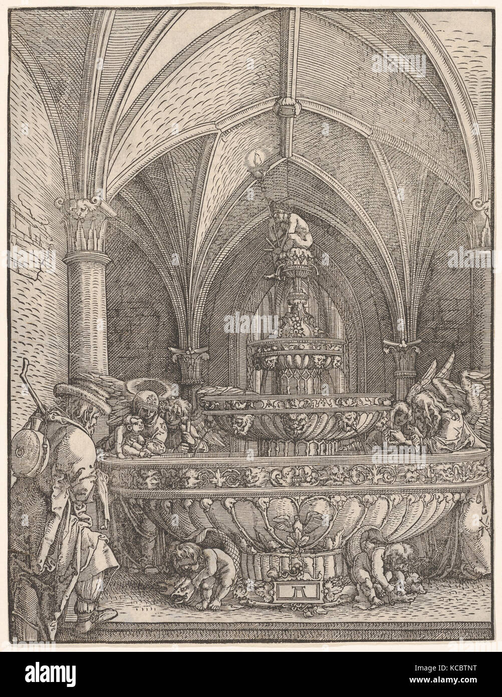 Heilige Familie an einem Brunnen, Holzschnitt, Blatt: 9 1/16 x 6 15/16 in. (23 × 17,7 cm), Drucke, Albrecht Altdorfer (Deutsch, Regensburg Stockfoto