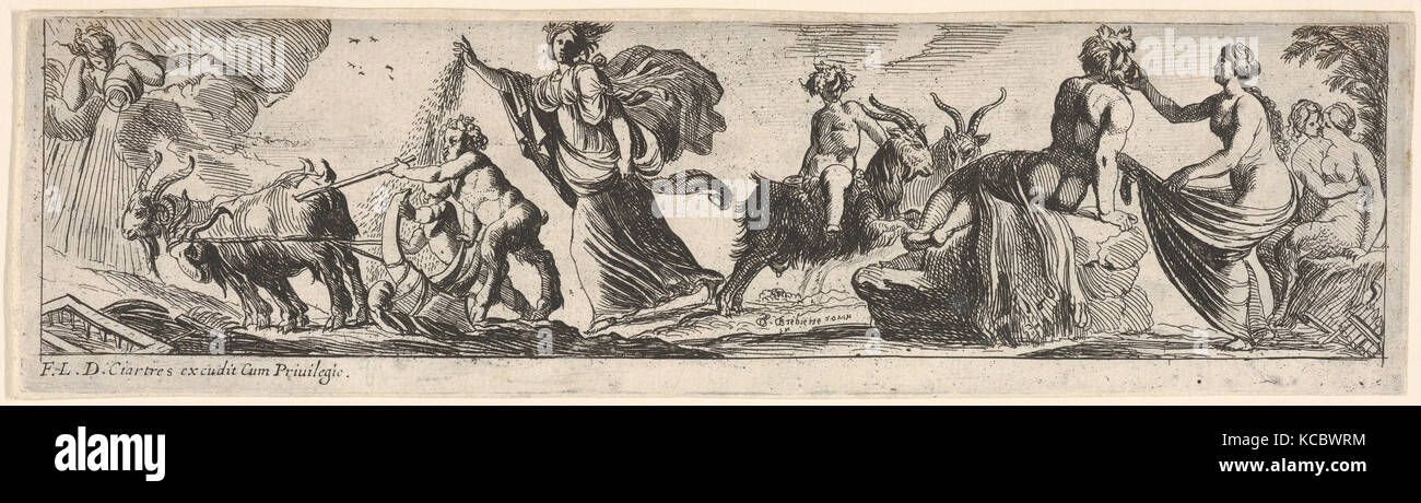 Ceres sät Samen und geht hinter eine Ziege gezogenen Pflug, rechts ein Mann drapiert mit einem Löwen Haut einer Frau Kleidungsstück erfasst Stockfoto