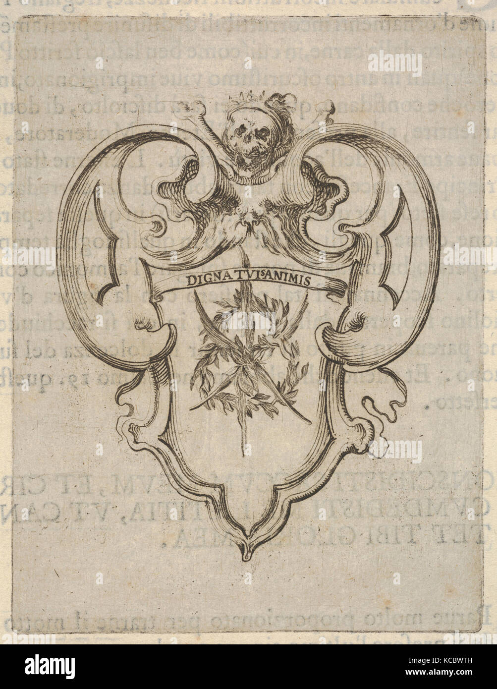 Eine Kartusche mit einem Kranz aus Lorbeer und Palmen, einen Totenkopf ...