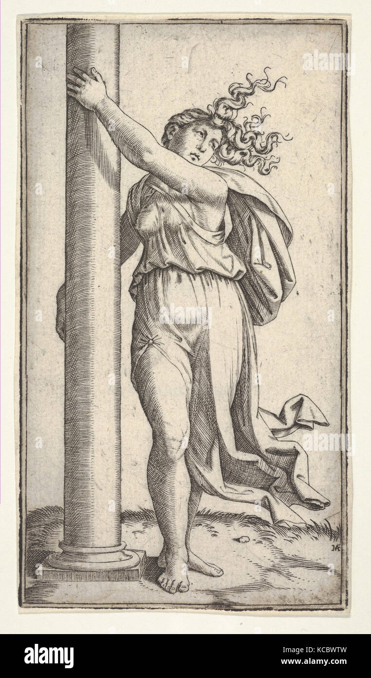 Eine junge Frau verkörpern Kraft oder Stärke Holding eine Spalte, Marcantonio Raimondi, Ca. 1510 - 27. Stockfoto