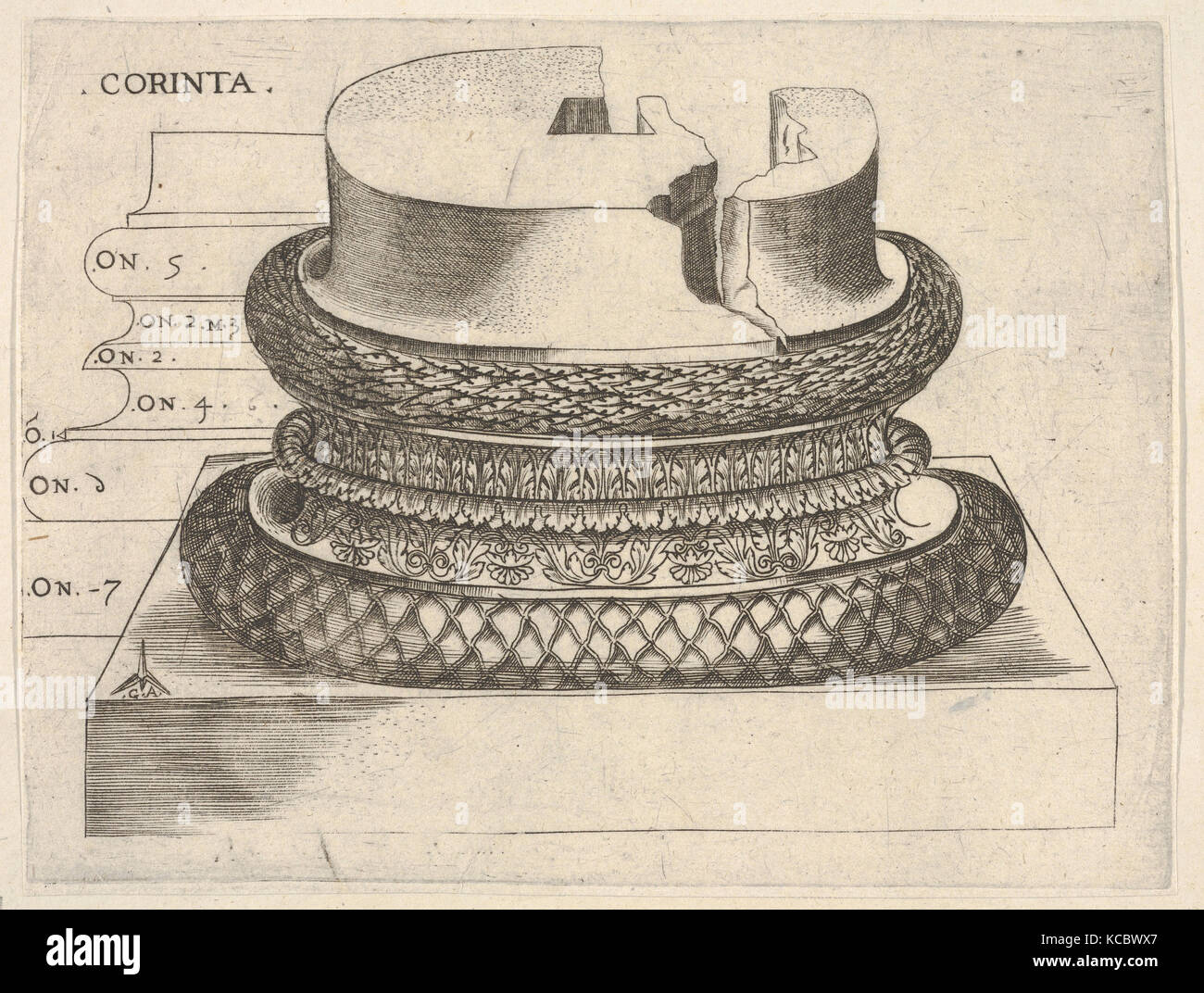 Korinthische Base, Gravieren, Blatt: 5 1/4 x 6 7/8 in. (13,4 x 17,5 cm), Master G.A. (Italienisch, aktive Ca. 1535 Stockfoto