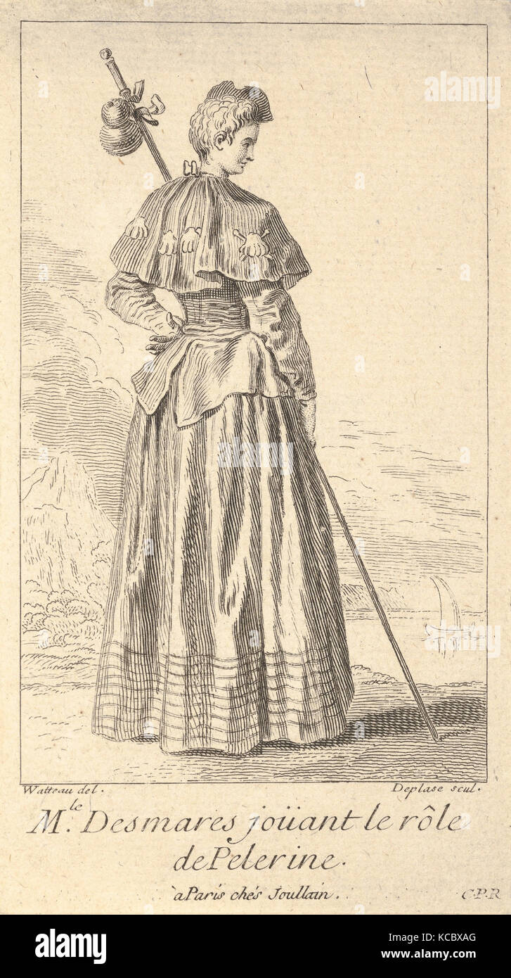 Schauspielerin Charlotte Desmares spielen die Rolle eines Pilgers, dargestellt von hinten mit dem Kopf nach rechts gedreht Stockfoto