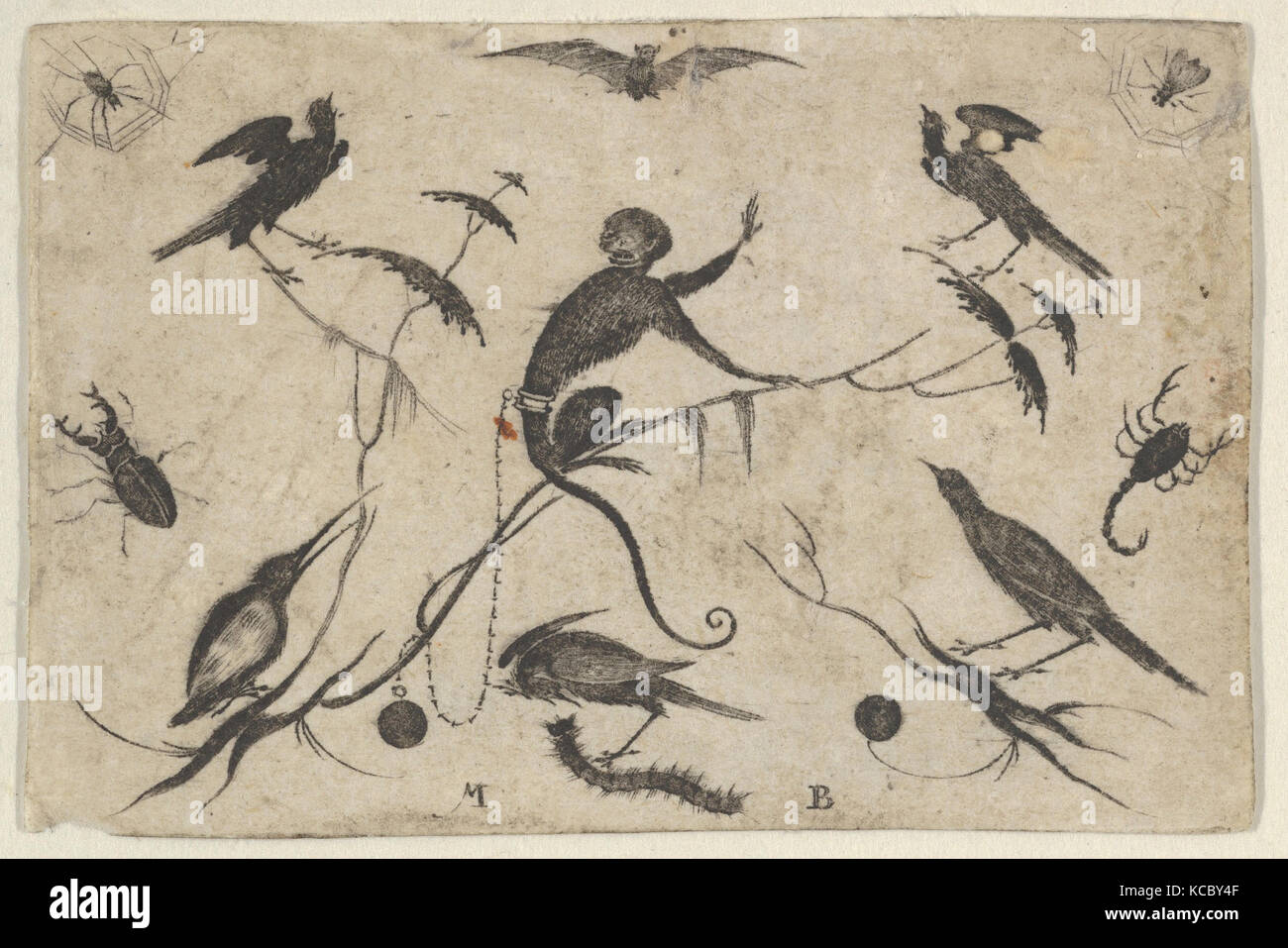 Blackwork Design für Goldsmithwork mit Affen, Vögel und Insekten, mathais Beitler, 1582 - 1616 Stockfoto