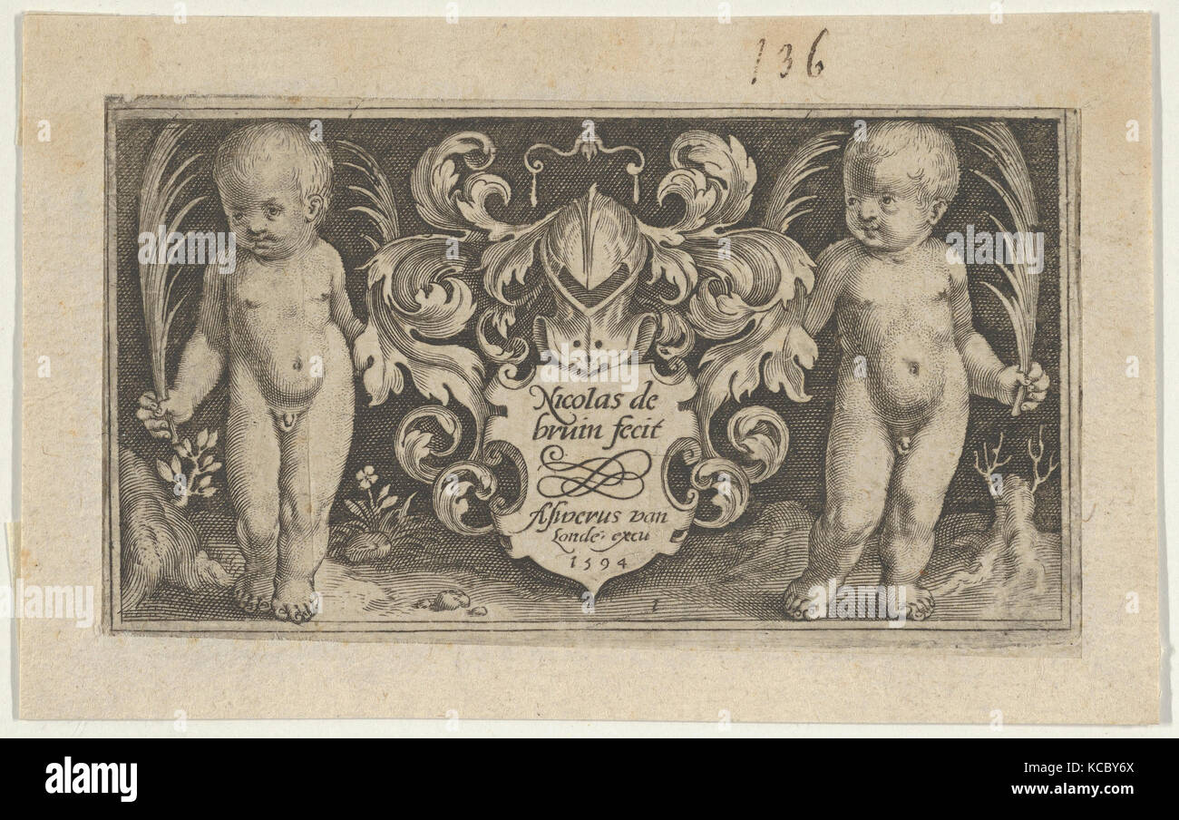 Titelseite, von zwei Genien mit Tieren, Nicolaes de Bruyn, 1594 Stockfoto