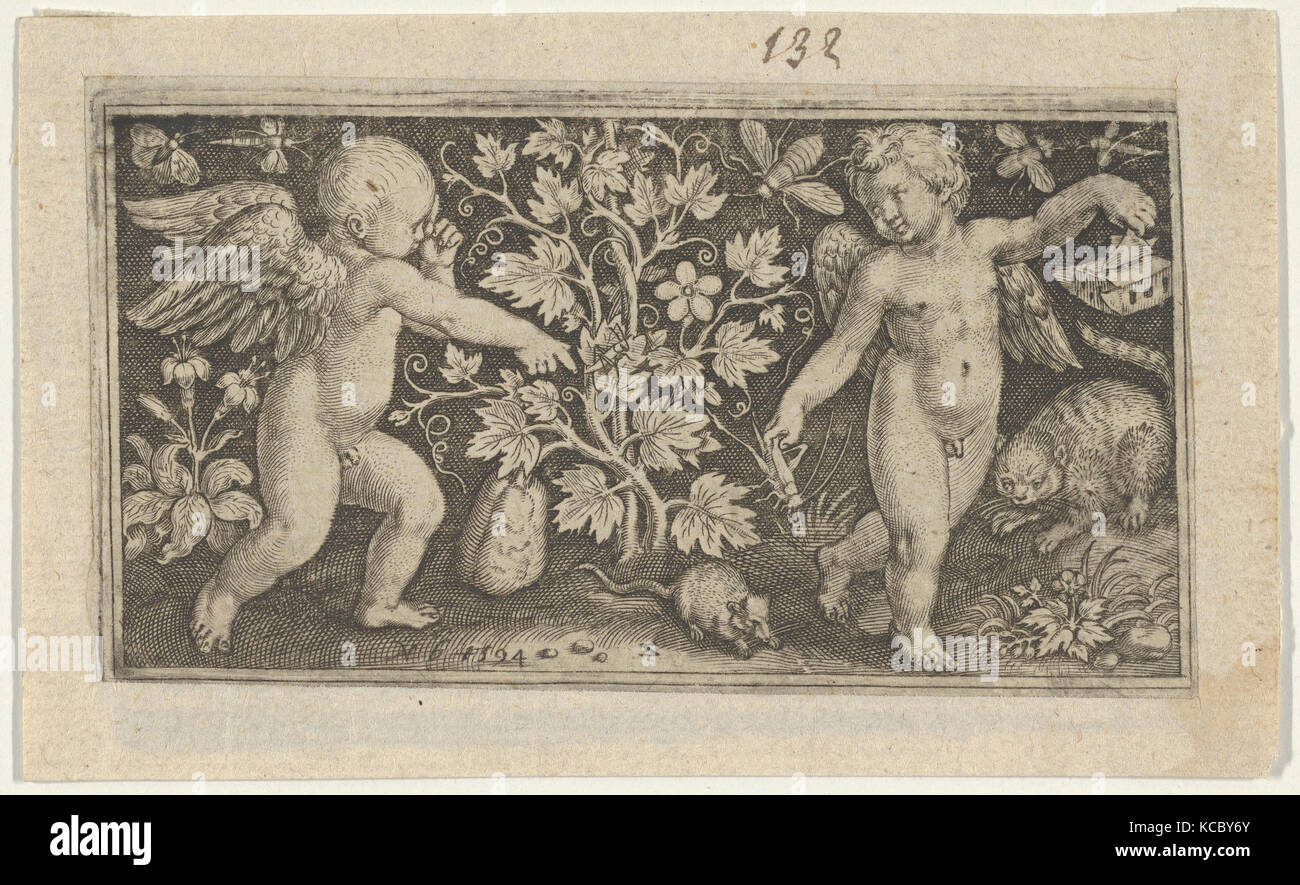 Zwei Genien mit einer Katze und eine Ratte, Nicolaes de Bruyn, 1594 Stockfoto