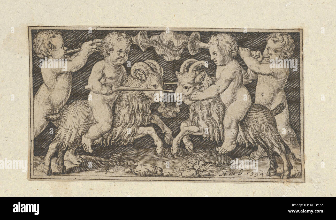 Zwei Genien, Widder, 1594, Gravieren, Blatt: 1 13/16 x 3 3/8 in. (4,6 × 8,5 cm), Nicolaes de Bruyn (Niederländischen, Antwerpen Stockfoto