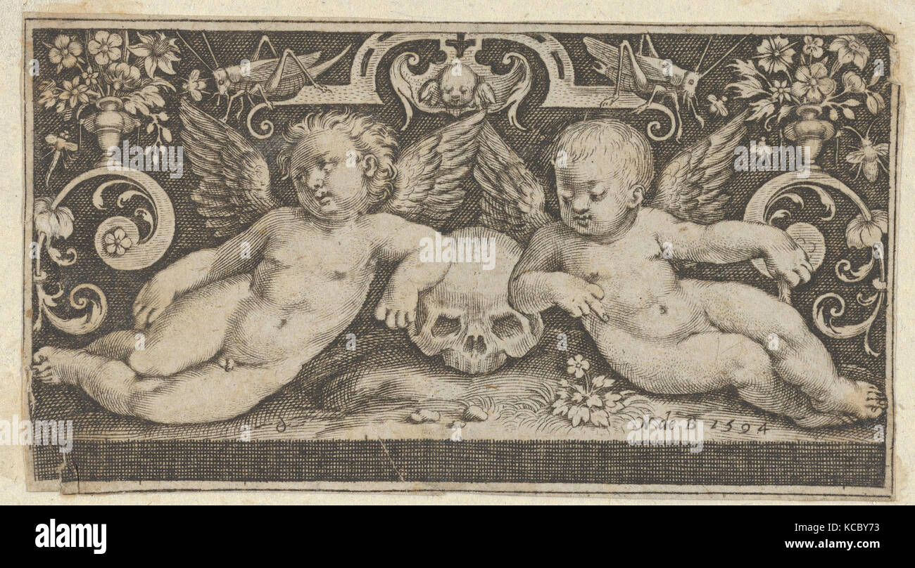 Zwei Genien mit einem Totenschädel und Heuschrecken, Nicolaes de Bruyn, 1594 Stockfoto