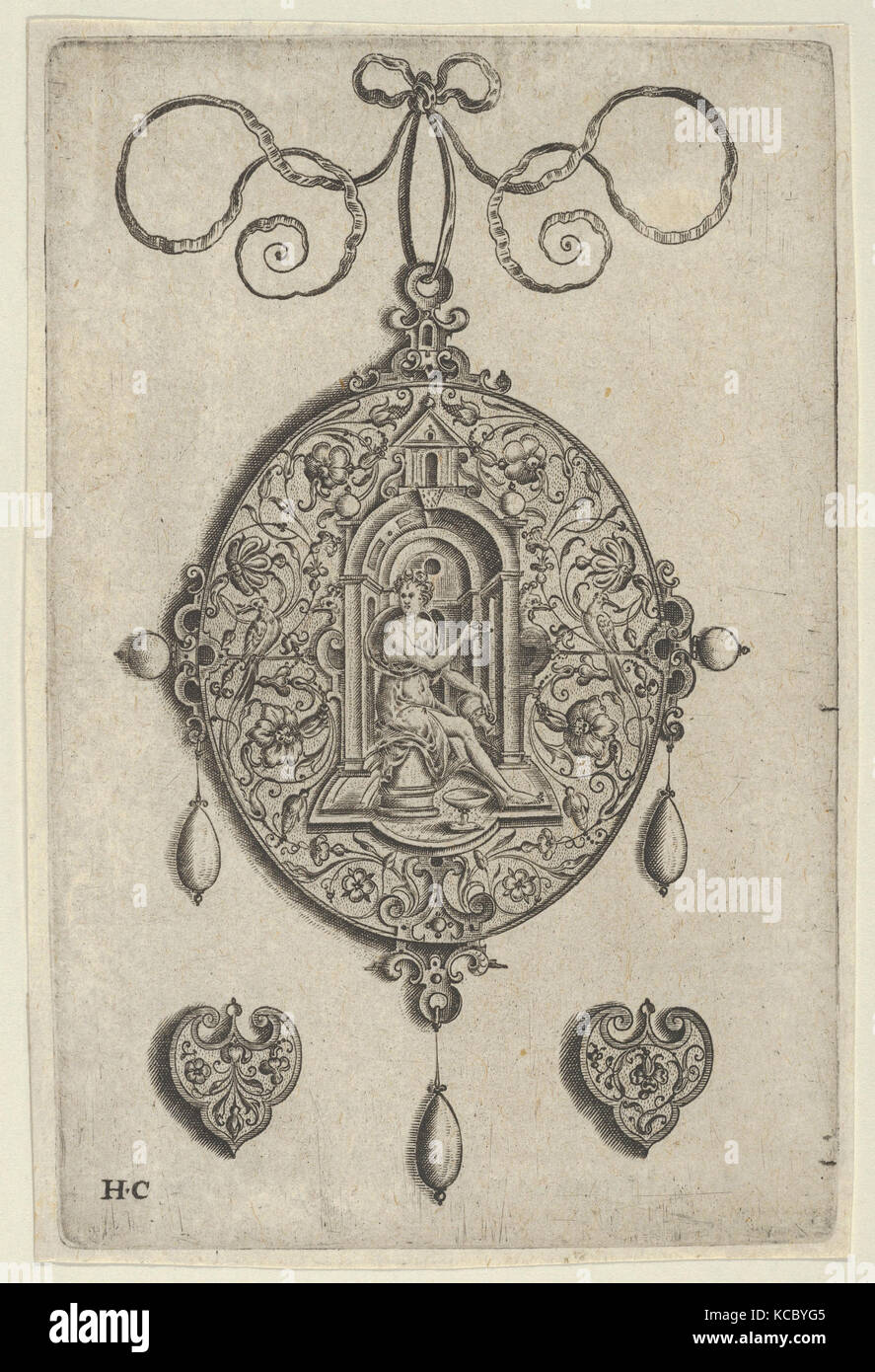 Oval-Shaped Design Anhänger mit Hebe sitzt unter einer Nische, Jan Collaert, bevor ich 1573 Stockfoto