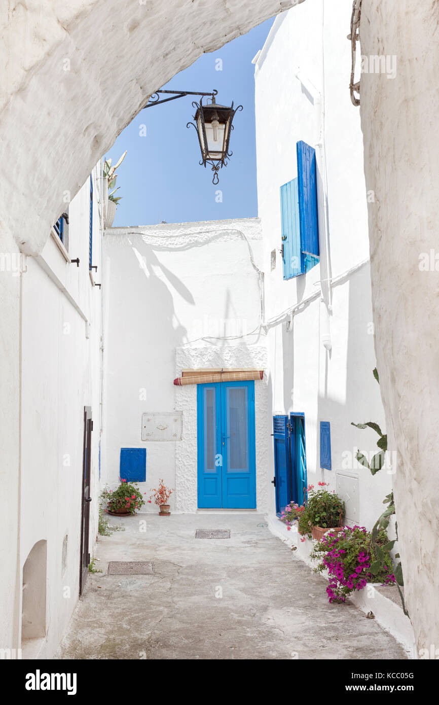Blick von Ostuni, Apulien, Italien. Typische Architektur der Stadt mit weißen Wänden und blauen Fenstern. Stockfoto