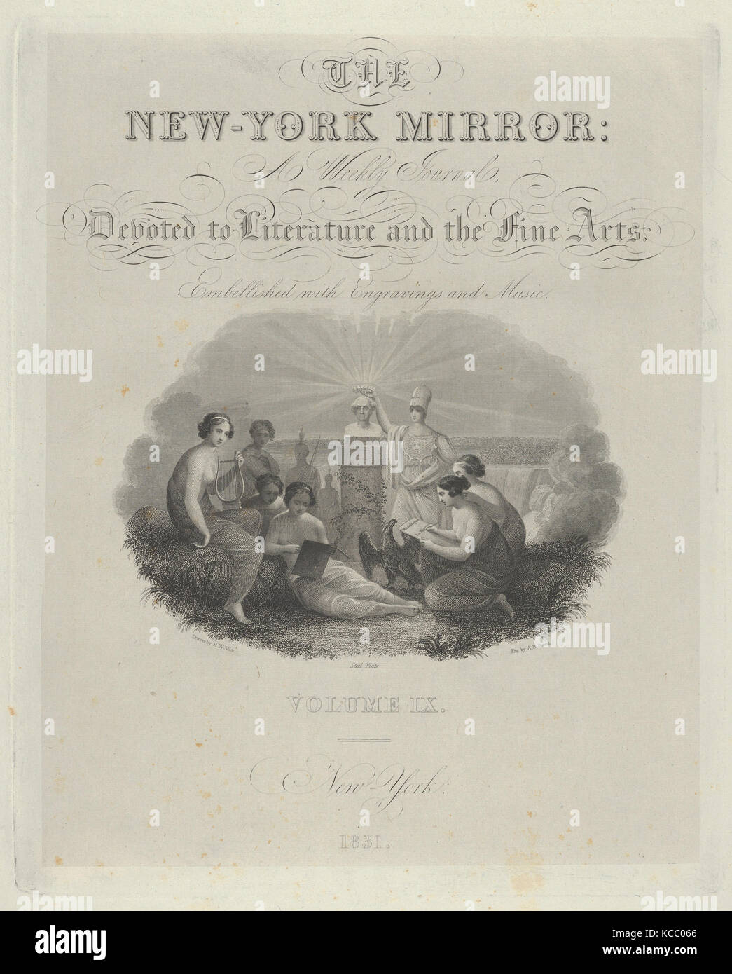 Titel der Seite: Die New York Spiegel, eine Wochenzeitung, die sich der Literatur und der Bildenden Kunst verschönert mit Gravuren Stockfoto