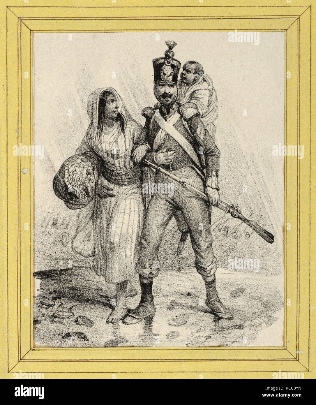 Zeichnungen und Drucke, Drucken, Soldat mit einer Frau auf dem Arm und einem Kind auf dem Rücken, Künstler, Victor Adam, Französisch, 1801 - 1866 Stockfoto