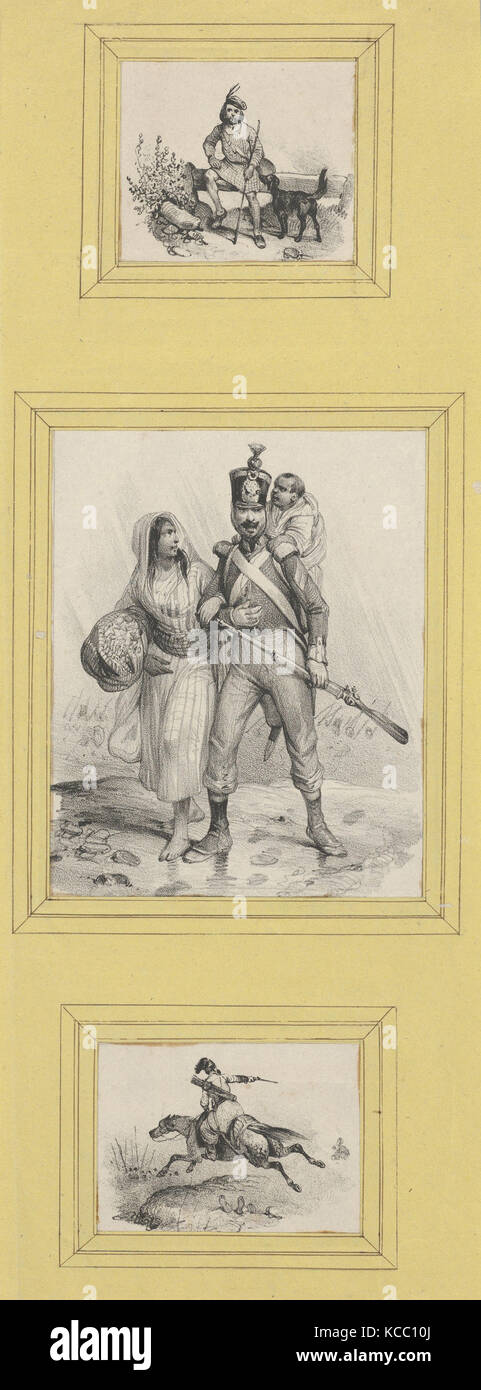 Soldaten und ein Highlander (3 Drucke unterschiedlicher Größe auf einem gelben Blatt eingefügt), Victor Adam, Mitte des 19. Jahrhunderts Stockfoto