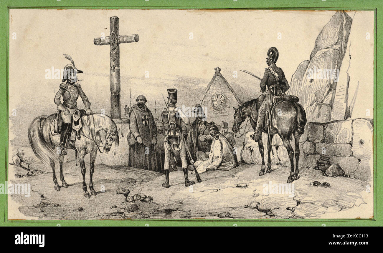 Zeichnungen und Drucke, Drucken, Soldaten versammelten sie sich vor der Kirche mit den Priestern und ein Kruzifix, Künstler, Victor Adam, Französisch Stockfoto