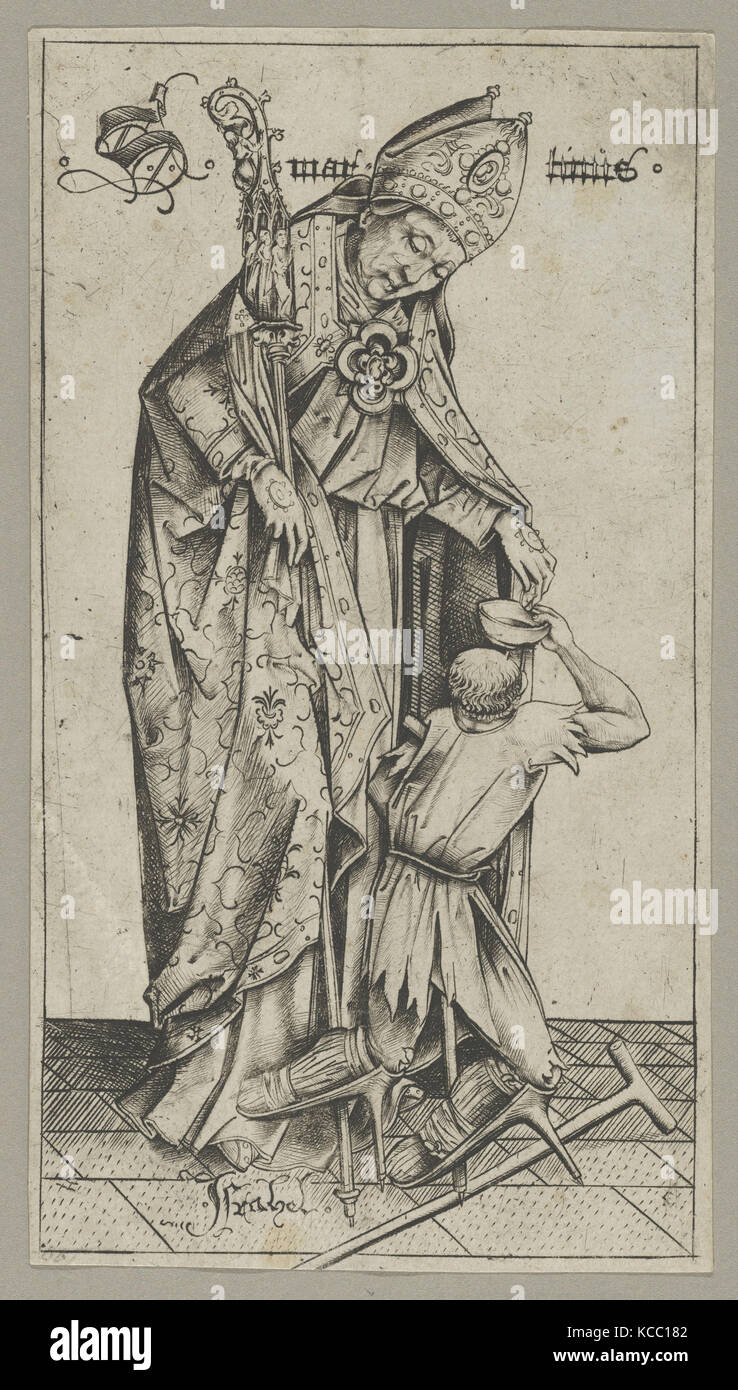 Saint Martin, n.d., Gravieren, Blatt: 6 3/8 x 3 1/2 in. (16,2 × 8,9 cm), Drucke, Israhel van Meckenem (Deutsch, Meckenem Ca. 1440 Stockfoto