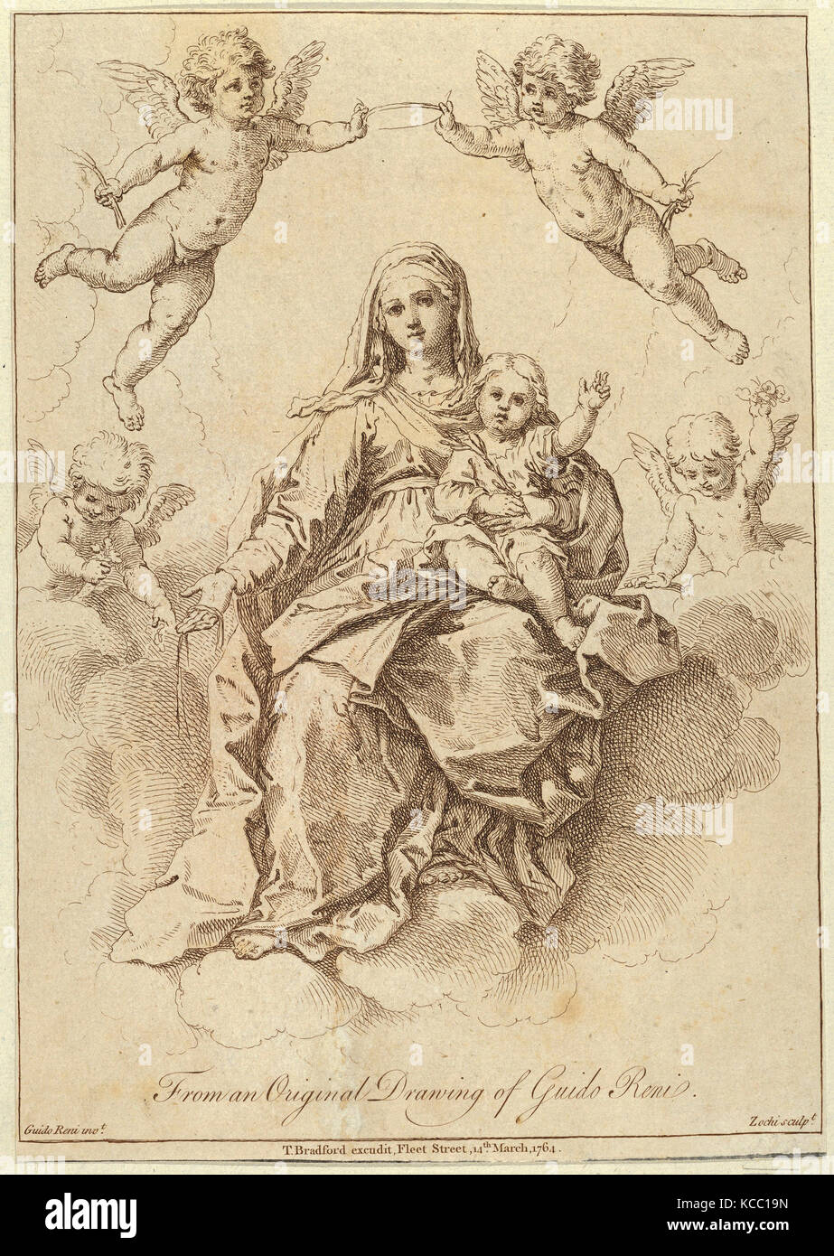Zeichnungen und Drucke, Drucken, die Jungfrau in den Wolken sitzt mit dem Kind Christus, umgeben von Putten Stockfoto