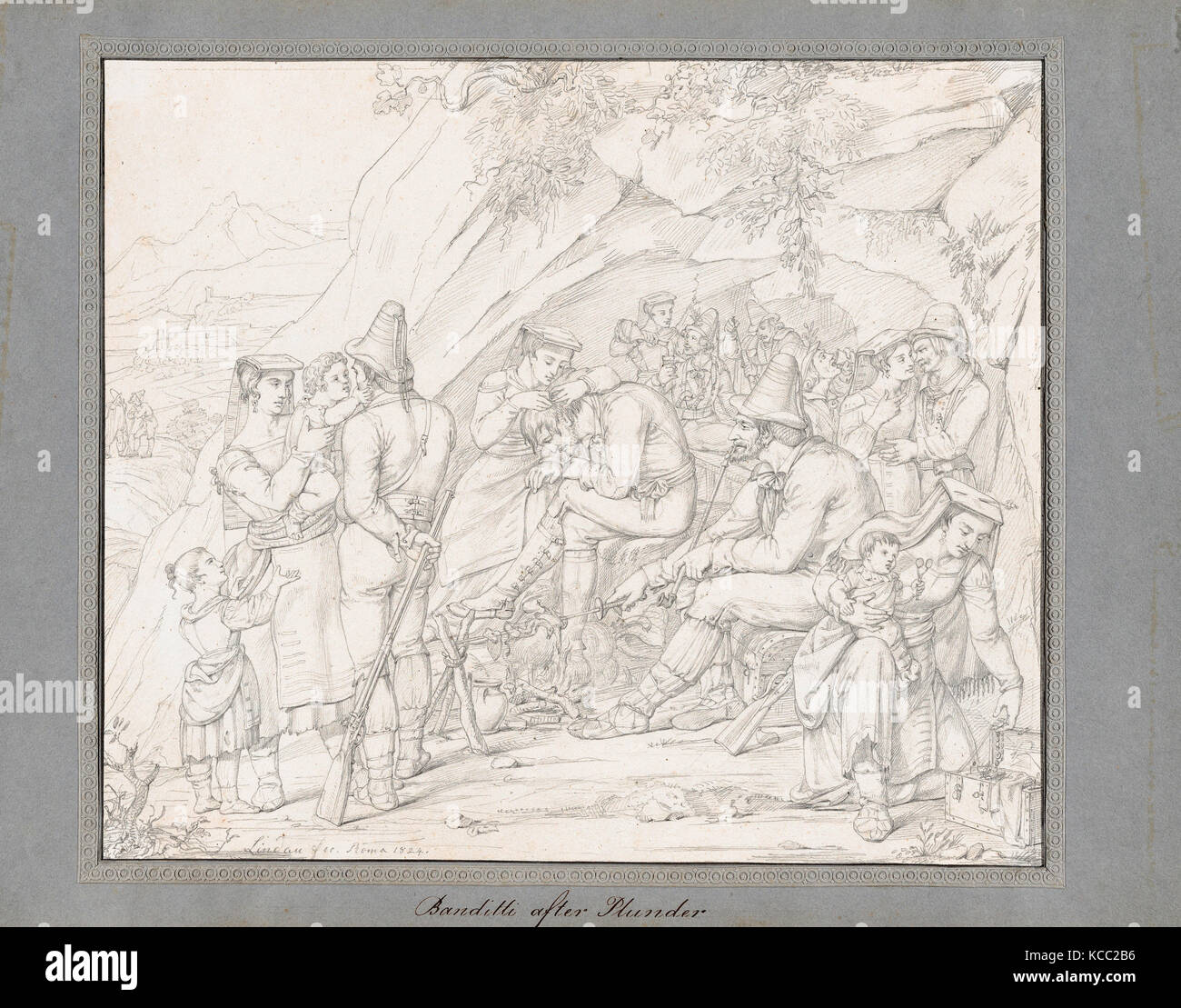 Zeichnungen und Druckgraphik, Zeichnung, eine Gruppe von Römischen Banditen mit ihren Familien und Freunden nach einem Raub, Dietrich W. Lindau Stockfoto