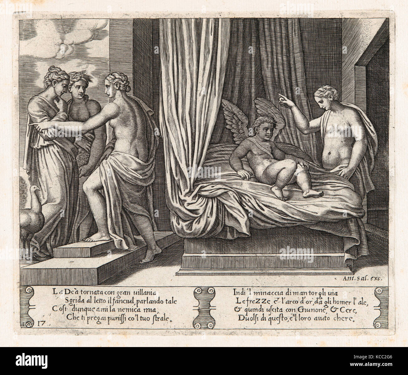 Zeichnungen und Drucke, Drucken, Blatt 17: Venus züchtigen Amor, der auf dem Bett sitzt, mit Psyche am Recht, aus der Geschichte von Amor Stockfoto