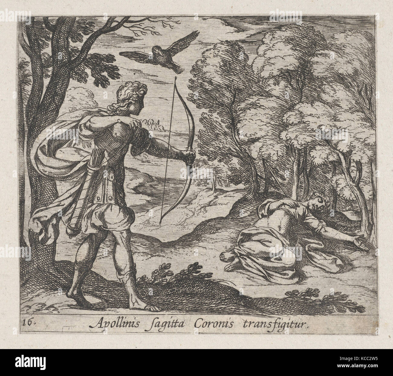 Platte16: Apollo Tötung Coronis (Appolinis sagitta Coronis transfigitur), aus Ovids 'Metamorphoses', Antonio Tempesta, 1606 Stockfoto