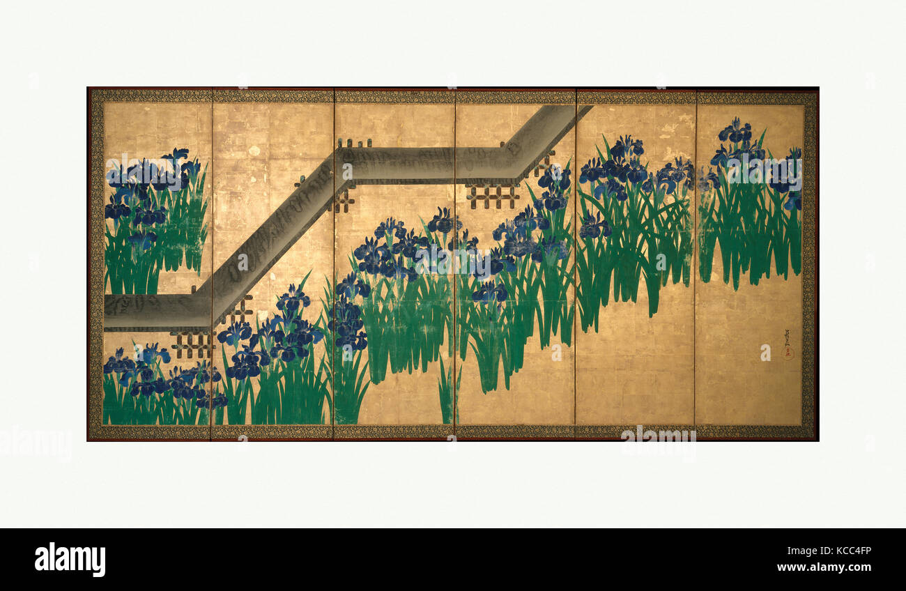 Iris bei Yatsuhashi (Acht Brücken), 八橋図屏風, Edo Periode (1615 - 1868), nach 1709, Japan, Paar sechs Panel klappbare Bildschirme; Tinte Stockfoto