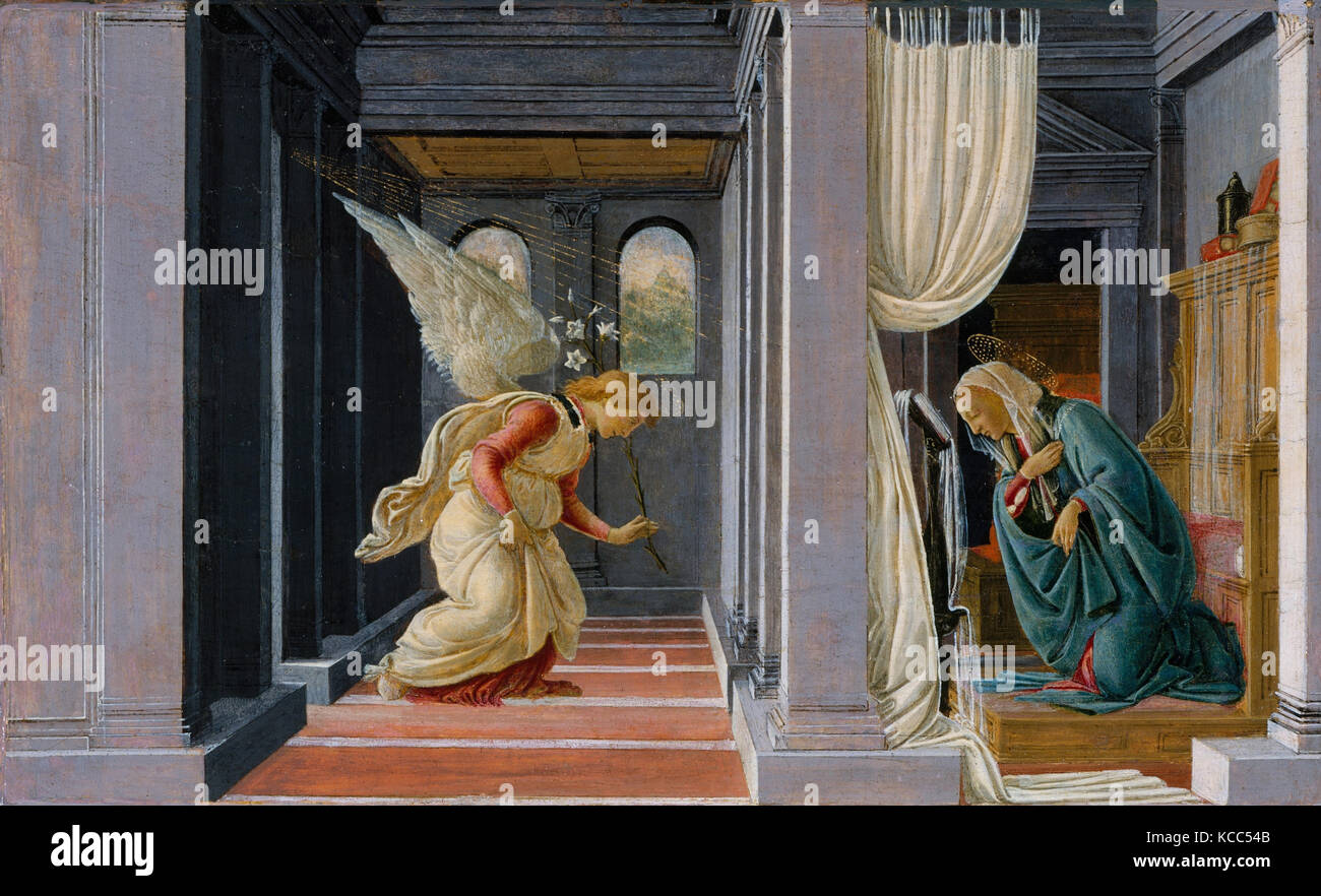 Die Verkündigung, Ca. 1485, Tempera und Gold auf Holz, 7 1/2 x 12 3/8 in. (19,1 x 31,4 cm), Gemälde, Botticelli (Alessandro di Stockfoto