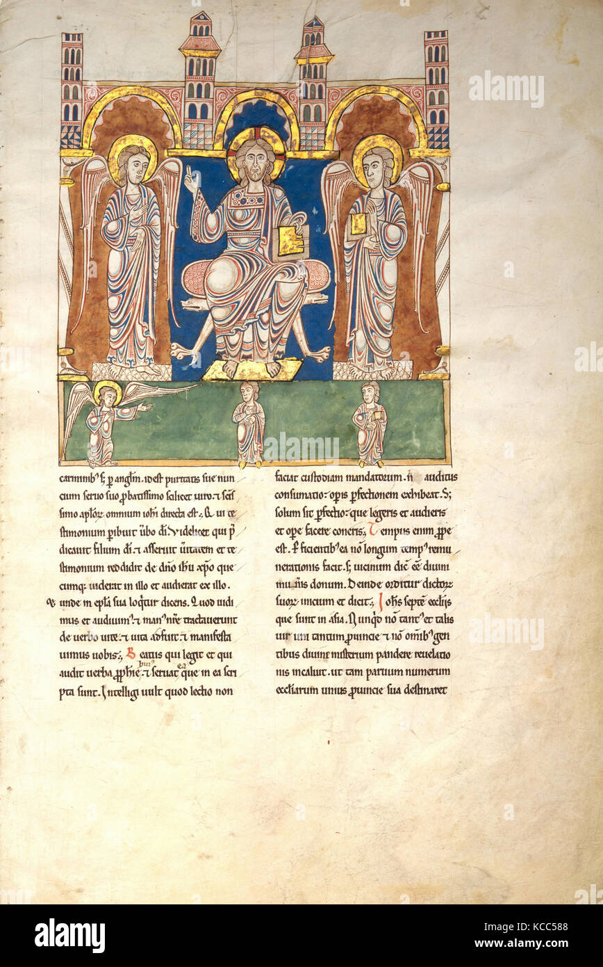 Blatt aus einem Beatus Manuskript: Christus in Majestät mit Engeln und der Engel Gottes leitet Saint John das Buch zu schreiben Stockfoto
