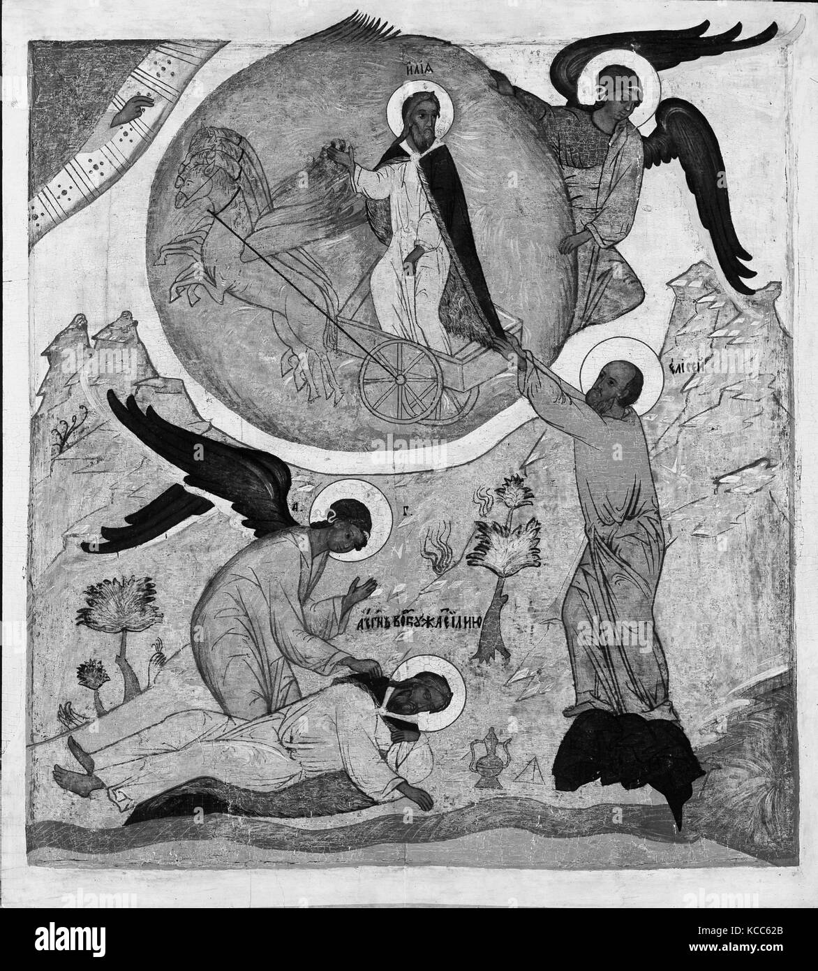 Saint Elias die feurige Himmelfahrt, Tempera auf Holz, 27 x 23 cm. (68,6 x 60,6 cm), Gemälde, russische Maler (Ende 16./Anfang Stockfoto