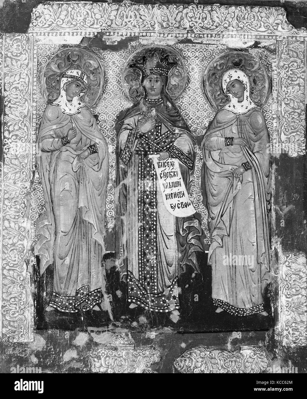 Drei weiblichen Heiligen, Tempera auf Holz, Silber-vergoldeten und Emaille, 12 1/4 x 10 1/8 in. (31,1 x 25,7 cm), Gemälde, Russisch Stockfoto