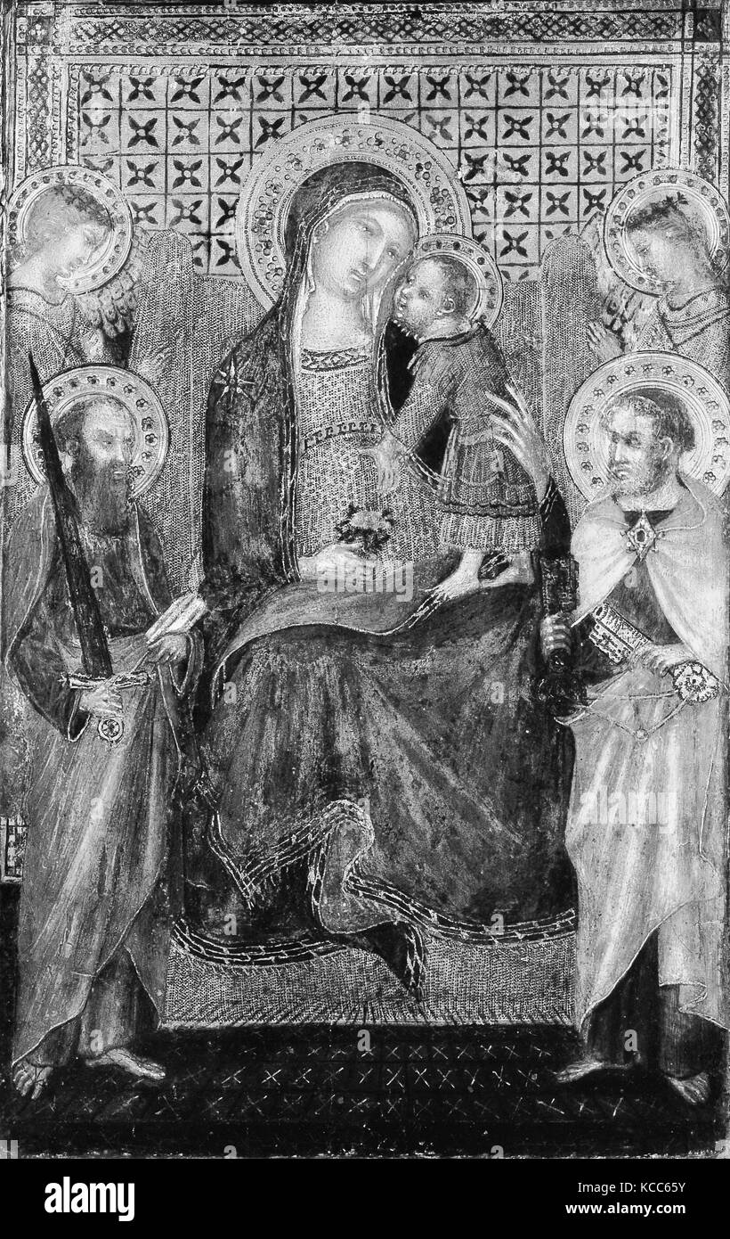 Madonna mit Kind auf dem Thron mit der heiligen Apostel Petrus und Paulus und Engel, Lippo Vanni Stockfoto