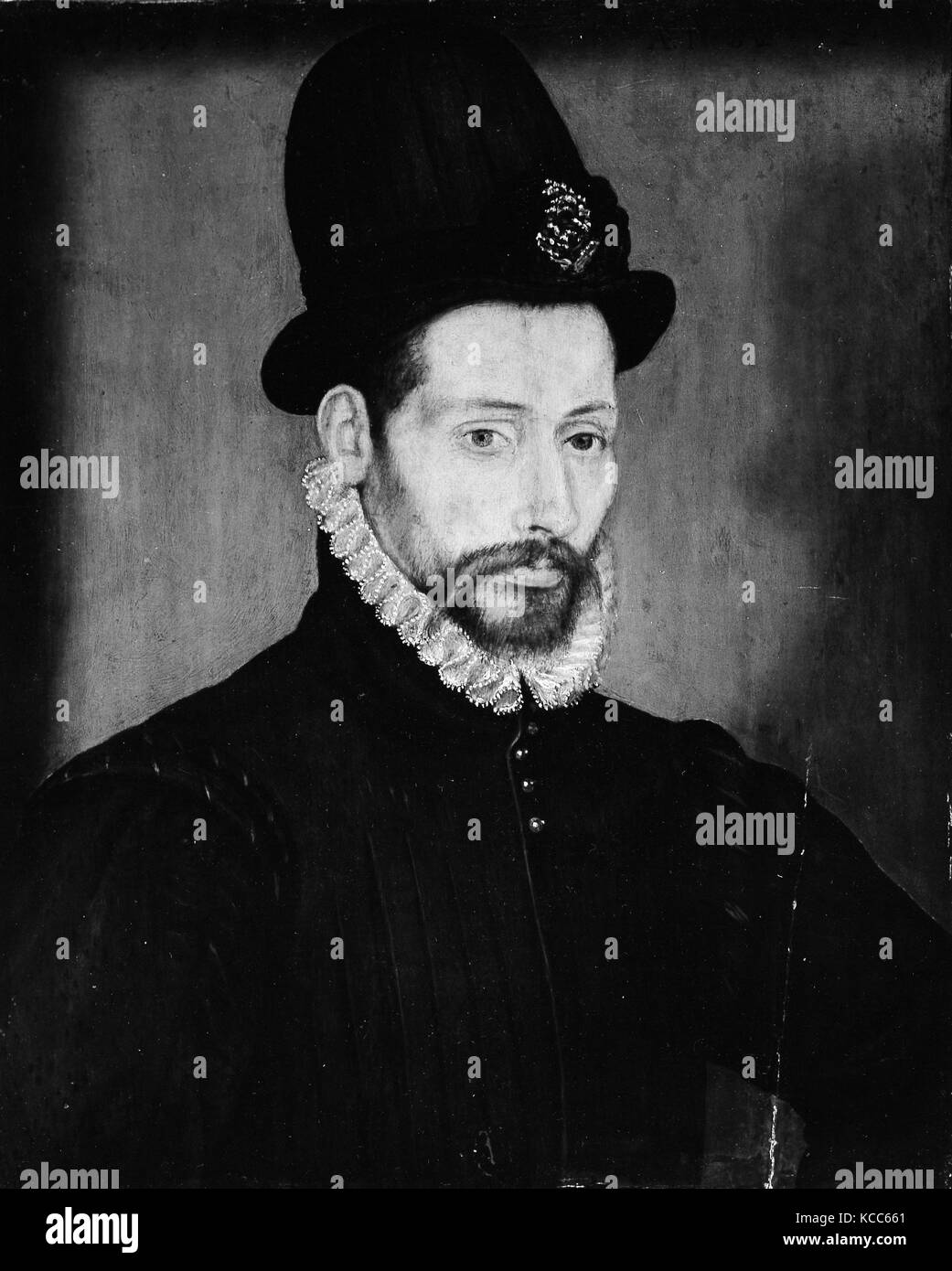 Porträt eines Mannes mit einer hohen Hut, Öl auf Holz, 9 5/8 x 7 1/2 in. (24,4 x 19,1 cm), Gemälde, französischer Maler (Stand 1570 Stockfoto