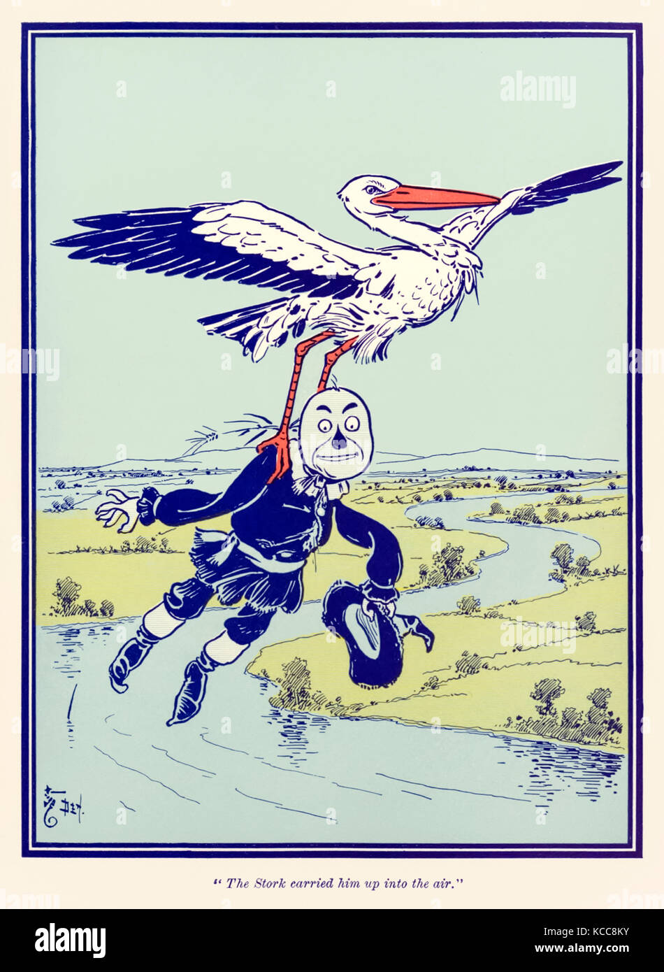 "Der Storch trug ihn in die Luft." aus "Der Zauberer von Oz" von L.Frank Baum (1856-1919) mit Bildern von W. W. Denslow (1856-1915). Weitere Informationen finden Sie unten. Stockfoto