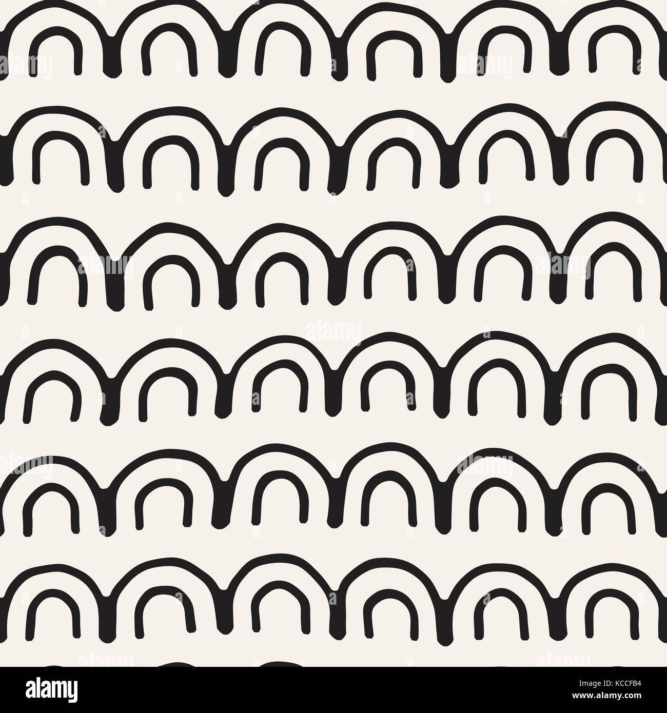 Monochrome minimalistisch Tribal nahtlose Muster mit arc Linien. vector Hintergrund mit inky Schwarze Kunst auf weißem gerundeten Streifen. Stock Vektor